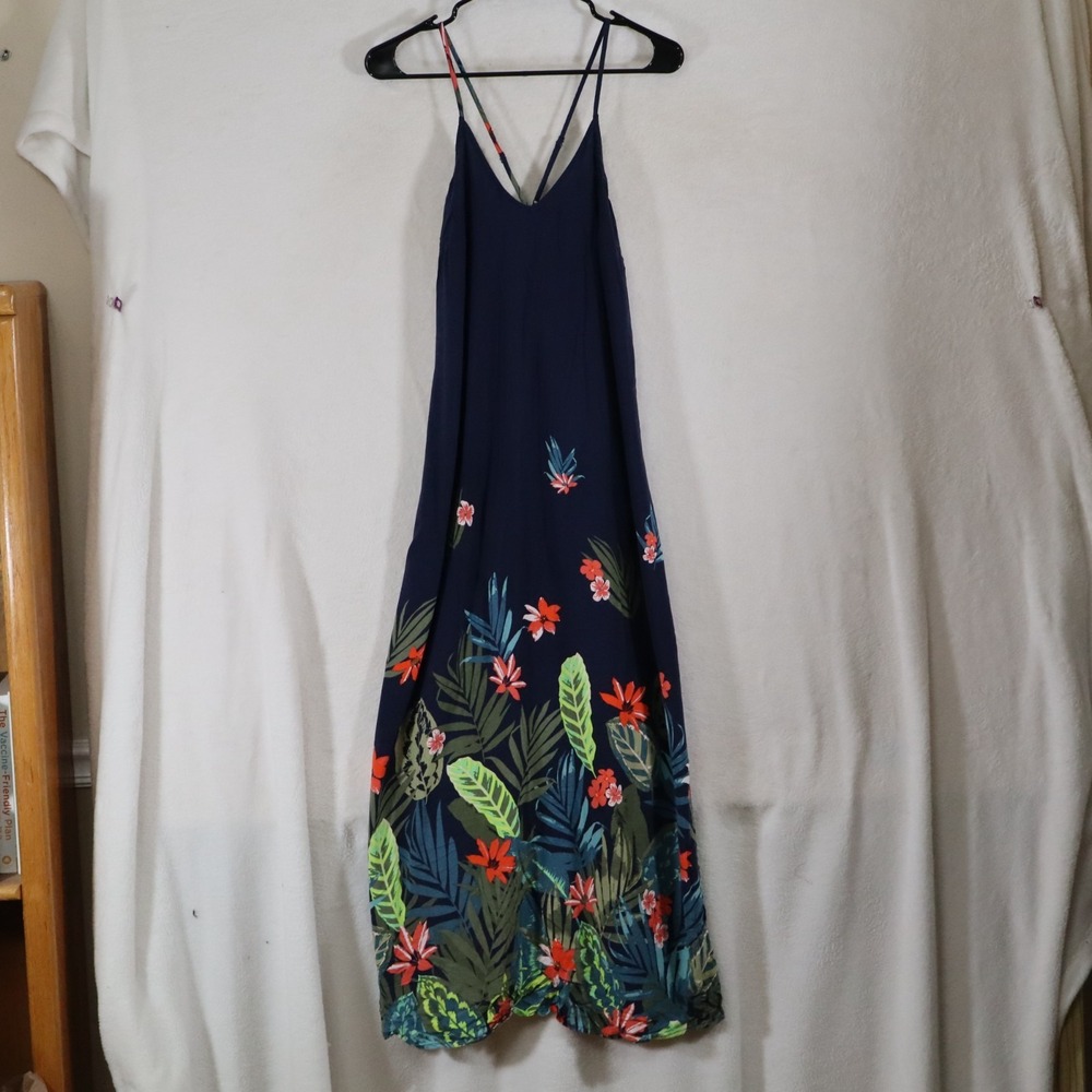 Old Navy Womens M Navy Tropical Floral Maxi Dress Crisscross Strap Beach Casual